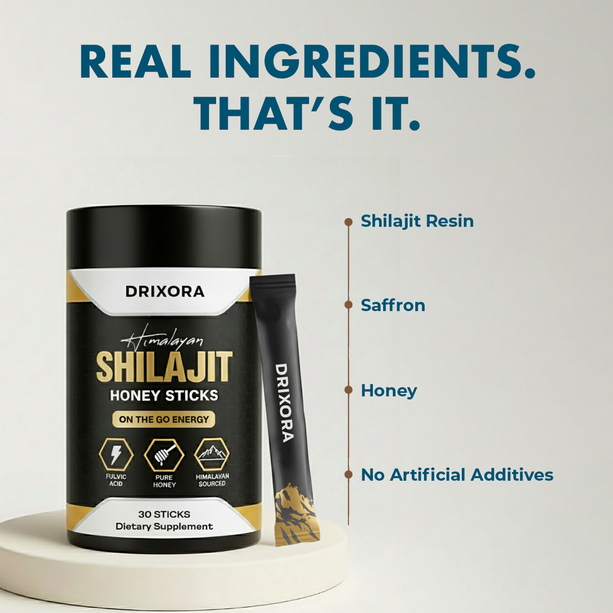 DRIXORA® GOLD+ Shilajit Honey Sticks | Pure Himalayan Resin, Honey & Saffron